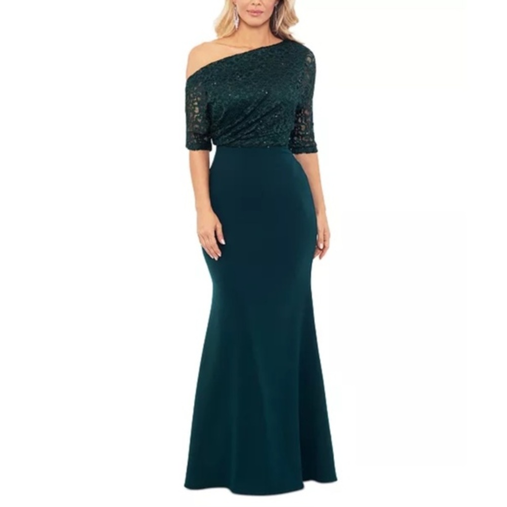 Betsy & Adam -  Lace-Top Asymmetric Long Dress‎